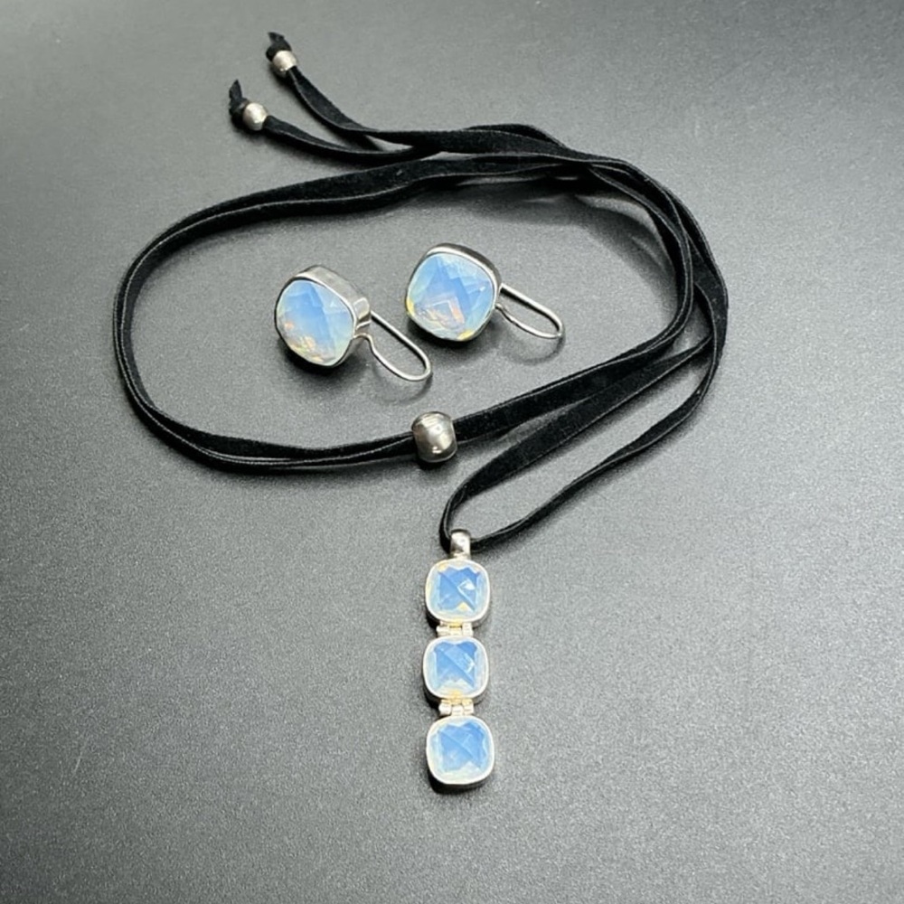 Karibou Opalite Necklace Earrings Set in Sterling Silver 925 on Suede Slide